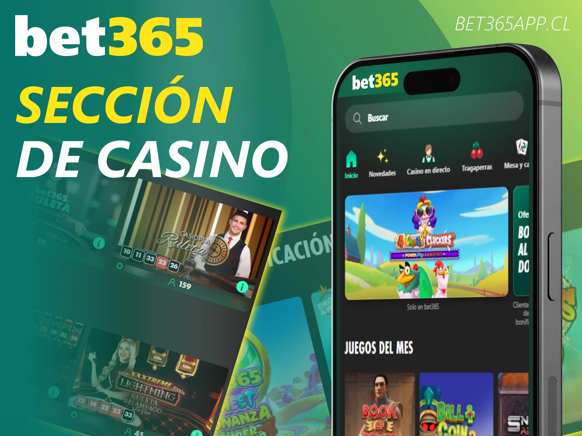 Explora la amplia gama de tragamonedas y mesas en vivo dentro de la sección de casino de Bet365.