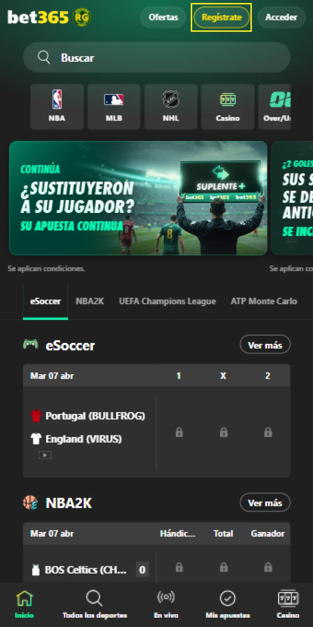 Inicia la aplicación y presiona el botón de registro para configurar tu nuevo Bet365 Login.