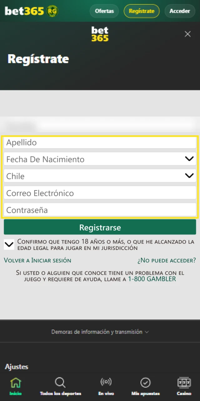 Rellena los campos con tu información real para avanzar en el proceso de Bet365 Registro en Chile.